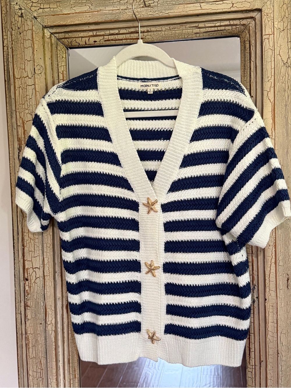 Main Strip Navy and White Striped Short Sleeve Cardigan with Starfish Buttons
